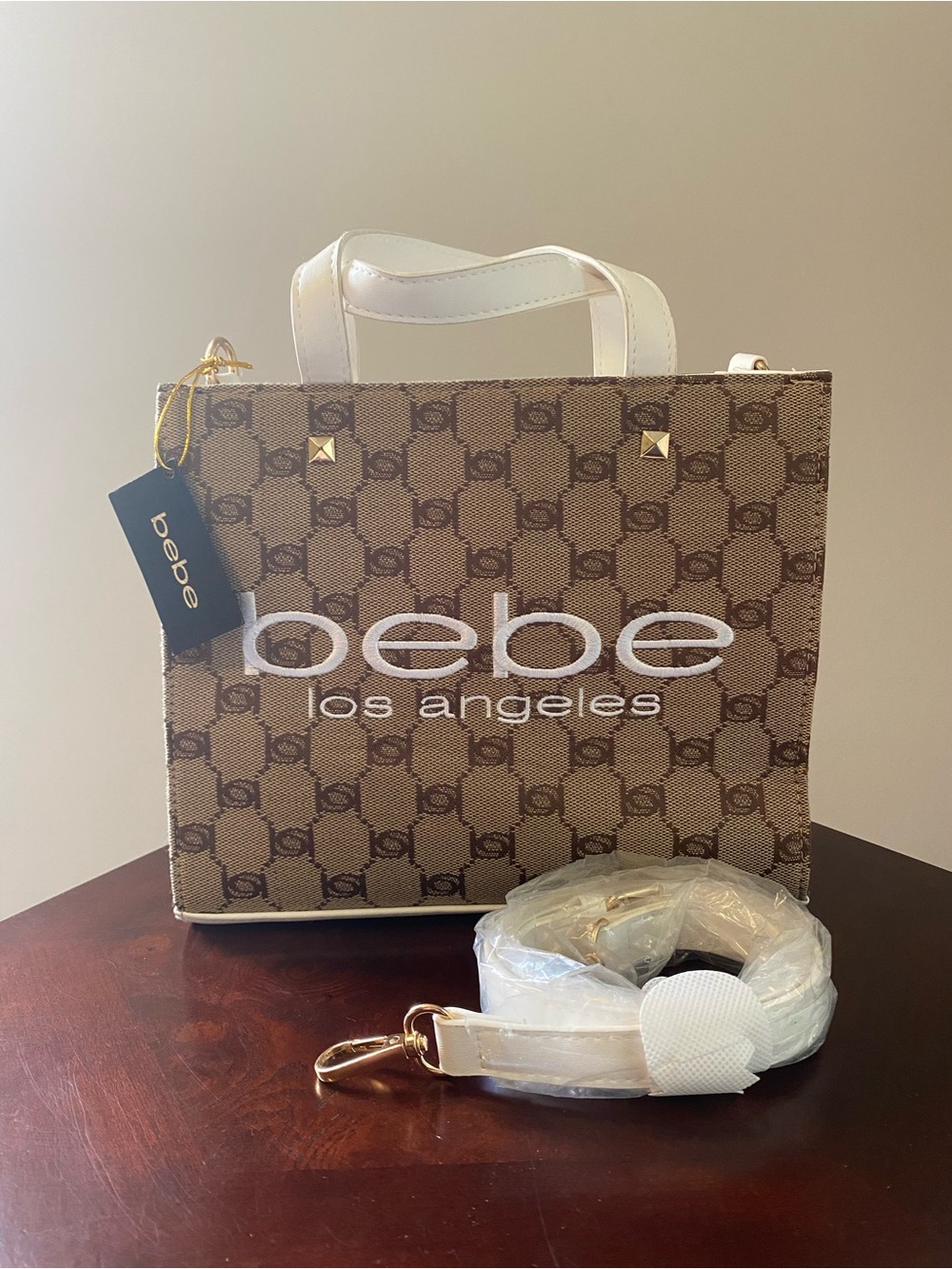 Bebe Talullah Los Angeles Monogram Jacquard Mini Satchel Bag Crossbody Tan White